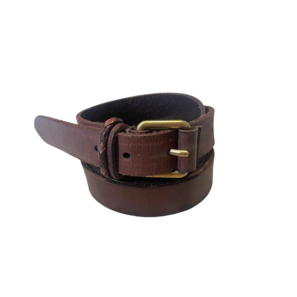 Frye Brown Genuine Leather Belt XL Braided Keeper Brass Buckle 1 Inch Wide